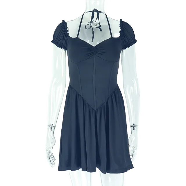 Off the shoulder Waist cinching Pleated V neck Short Dress Black - Shop at LoveMi