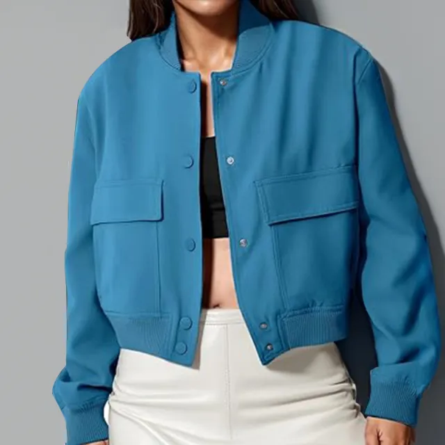 Stand Collar Large Pocket Women's Jacket Coat Peacock Blue - Shop at LoveMi
