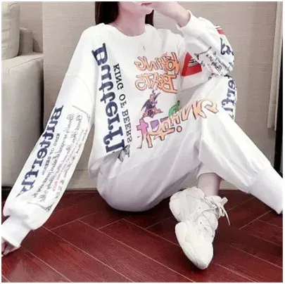 Trendy Printed Loose Oversized Long Sleeves Sweater Suit White - Shop at LoveMi