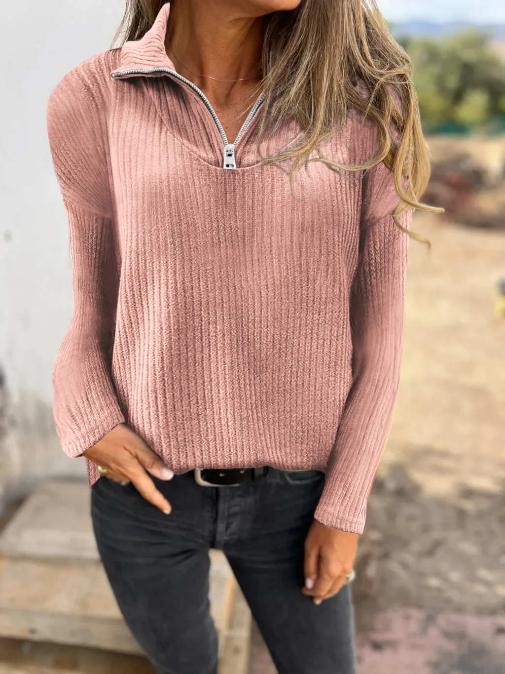 Zipper Pullover Long-sleeved Sweater Casual Coat - Coral