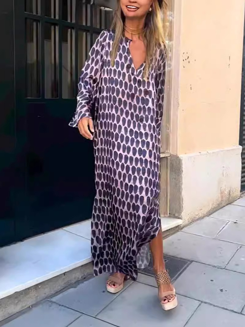 Slit Pullover Long Sleeve Slit V neck Shirt Skirt Crinolines Long Dress Sy060 Purple Raindrops - Shop at LoveMi