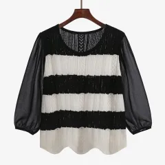 Round Neck Sweet Stitching Long Sleeve Loose Striped Sweater - Black - View 1