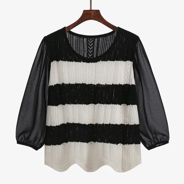 Round Neck Sweet Stitching Long Sleeve Loose Striped Sweater Black - Shop at LoveMi