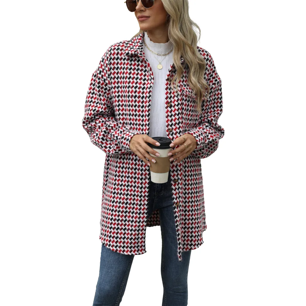 Women's Houndstooth Lapel Mid-length Coat - Red
