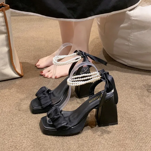 Medium Chunky Heel Crystal French Style Fairy Pearl Roman Sandals Black - Shop at LoveMi