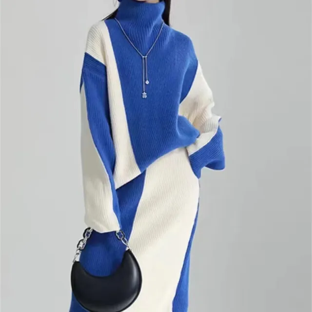 Turtleneck Long sleeved Knitted Top Two piece Set Blue - Shop at LoveMi