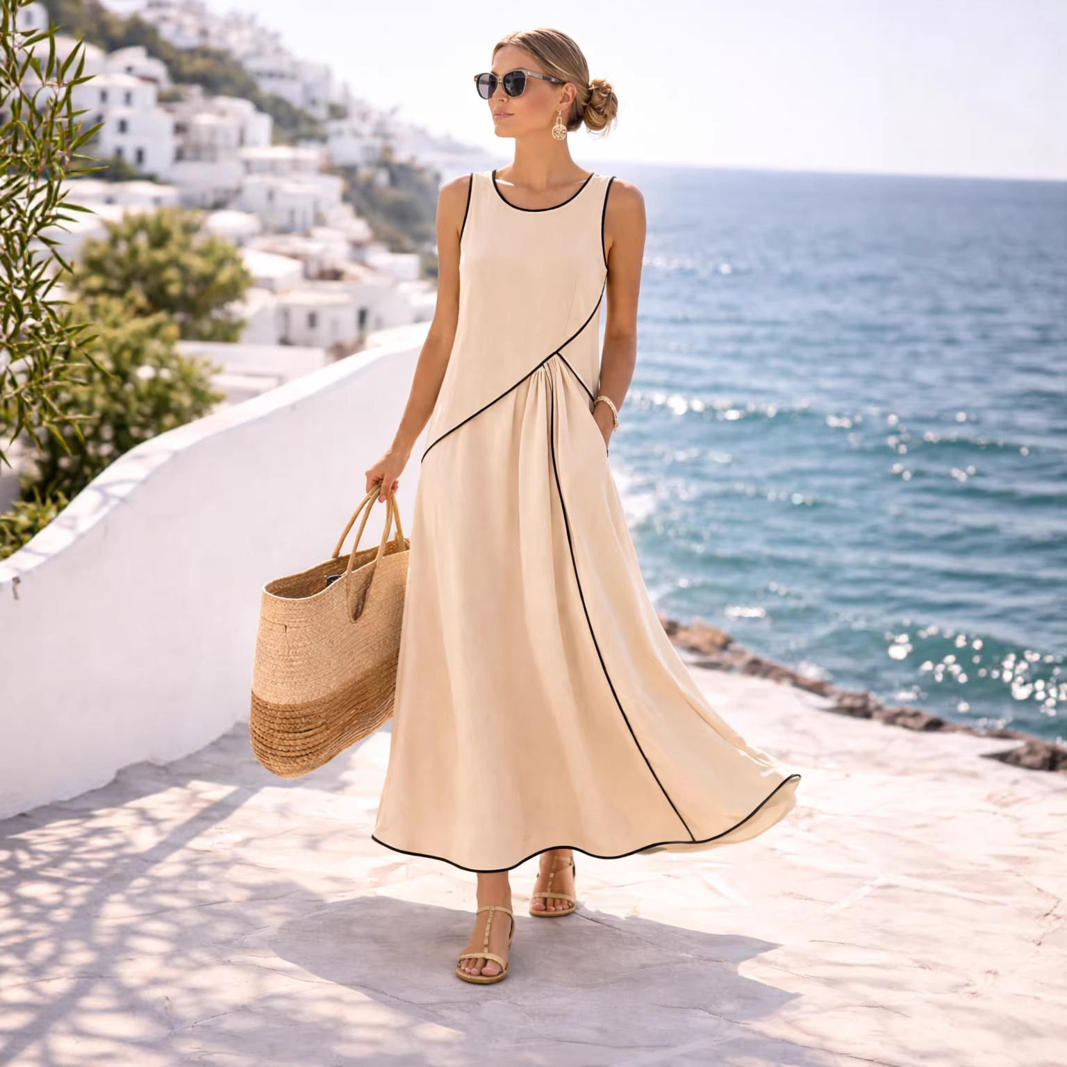 Mediterranean Contrast Color Vacation Dress in Apricot – front view showing color-block patchwork design and sleeveless silhouette
