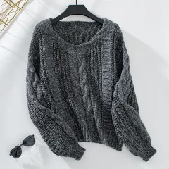 European And American Solid Color Twisted Sweater Women's Autumn Winter Retro Lantern Sleeve Twisted Sweater - Floral Black - View 1
