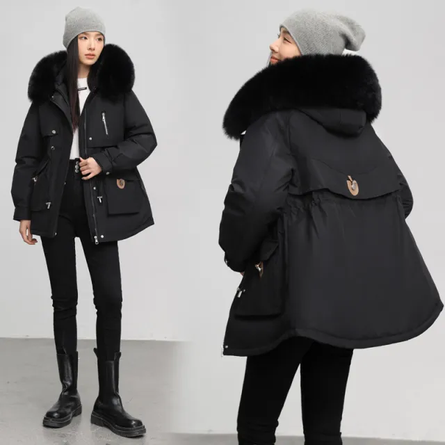 Cross border Fleece lined Thickened Parka Collar Slim Fit Slimming Cotton Coat Black - Shop at LoveMi