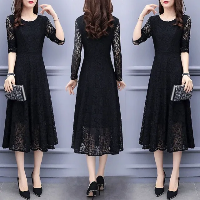 Long Sleeve Temperament Plus Size Long Velvet Lining Base A Line Dress 138 Black Thin - Shop at LoveMi