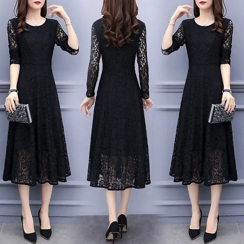 Long Sleeve Temperament Plus Size Long Velvet Lining Base A- Line Dress - 138 Black Thin