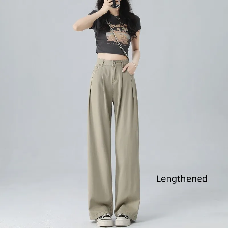 Women's Wide-leg Jeans Loose Thin Straight Pants - Milk Coffee Extended