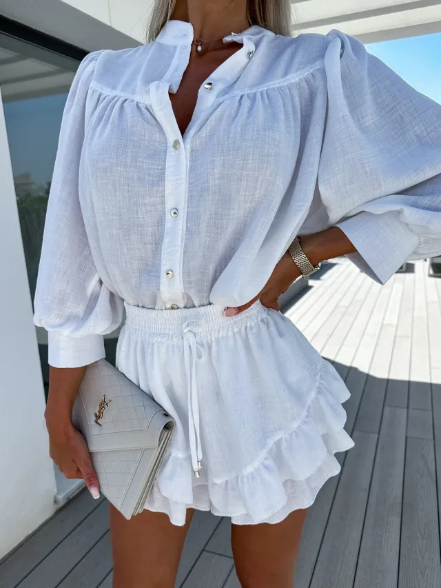 Fashion Cotton Linen Shirt Skirt Outfit White - Shop at LoveMi