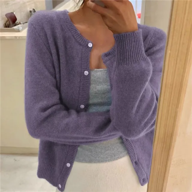 Women's Round Neck Solid Color Knitted Cardigan Purple - Shop at LoveMi