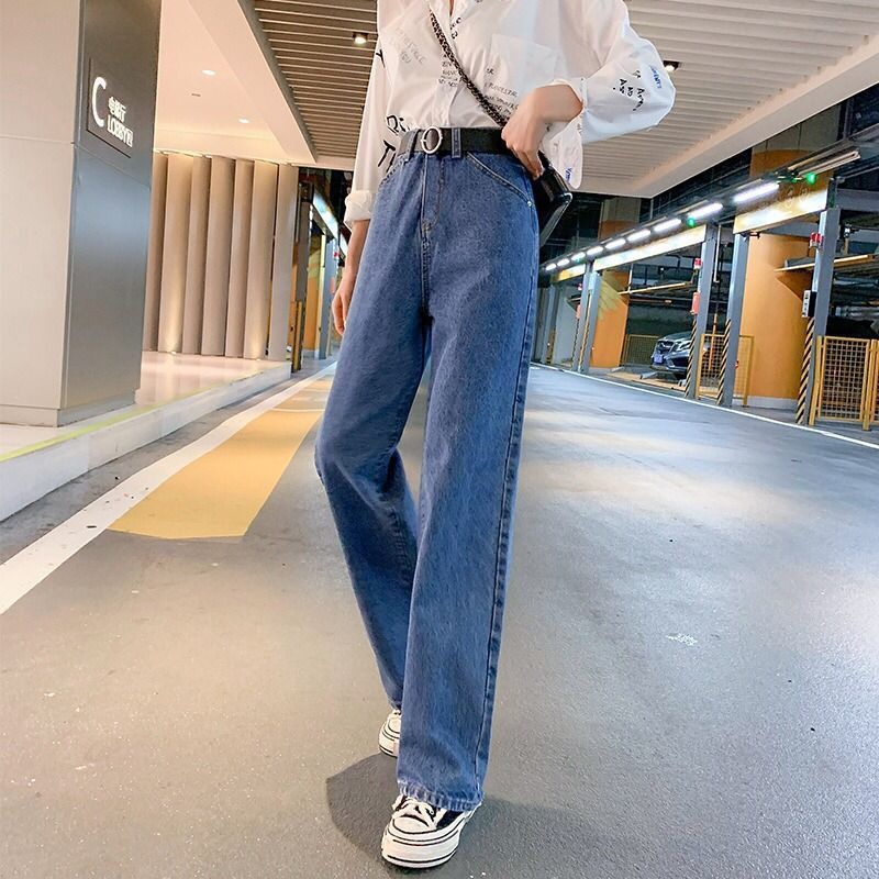 Wide leg Jeans Women's High Waist Slimming Draping New Autumn Dark Blue Belly Contracting High Loose Straight Mopping Pants Dark Blue - Shop at LoveMi