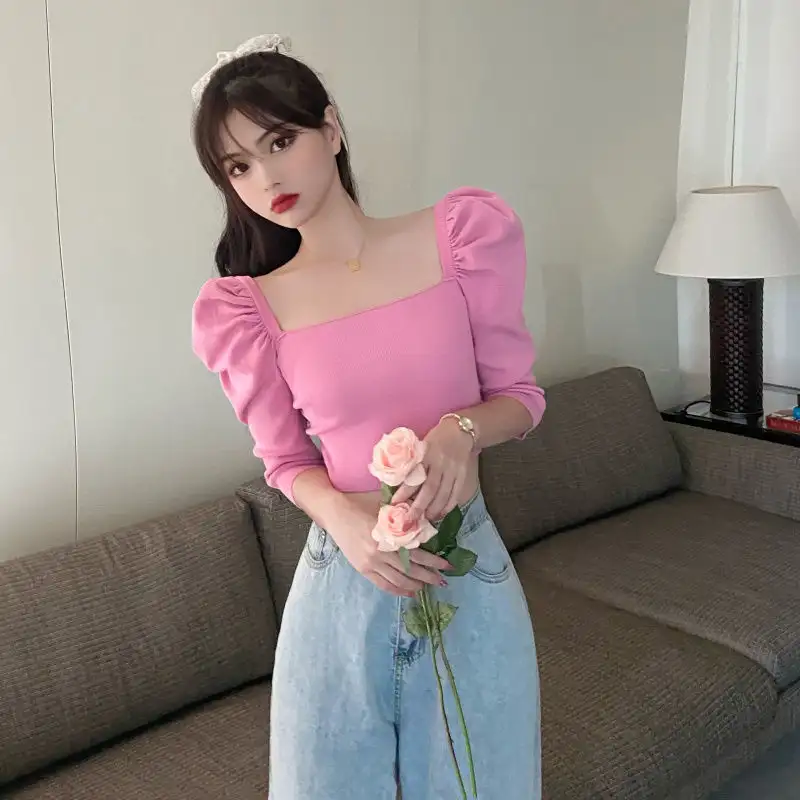 Women's Fashion Square Collar Puff Sleeve Slim Fit Slimming Short Sleeve T-shirt