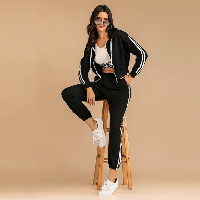 Black Short Sweater Casual Sports Suit Women's Two piece Set Black - Shop at LoveMi