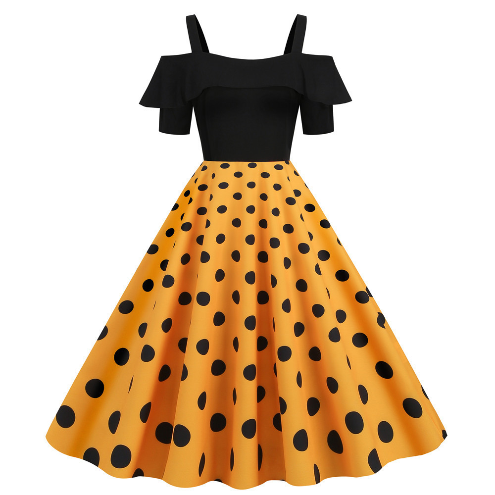 Black Short Sleeve Polka Dot Swing Dress