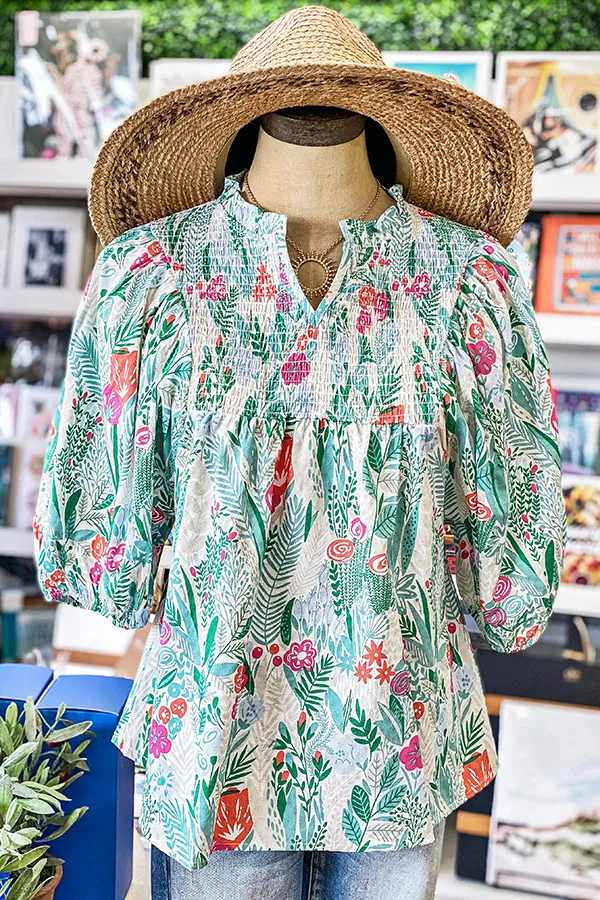Bell Sleeve Gathers Cotton V neck Gathers T shirt Floral - Shop at LoveMi