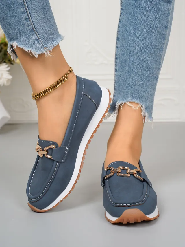 Oversized Shoes Female Metal Chain Flat Platform Casual Loafers Blue - Shop at LoveMi