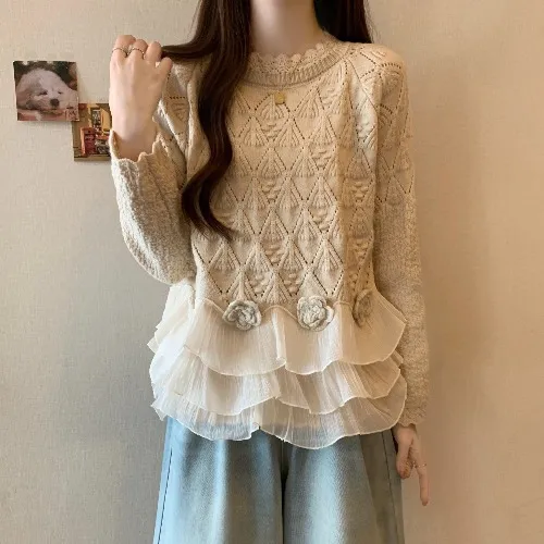 Women's Casual Loose Slimming Rose Lace Edge Sweater Rose - Shop at LoveMi