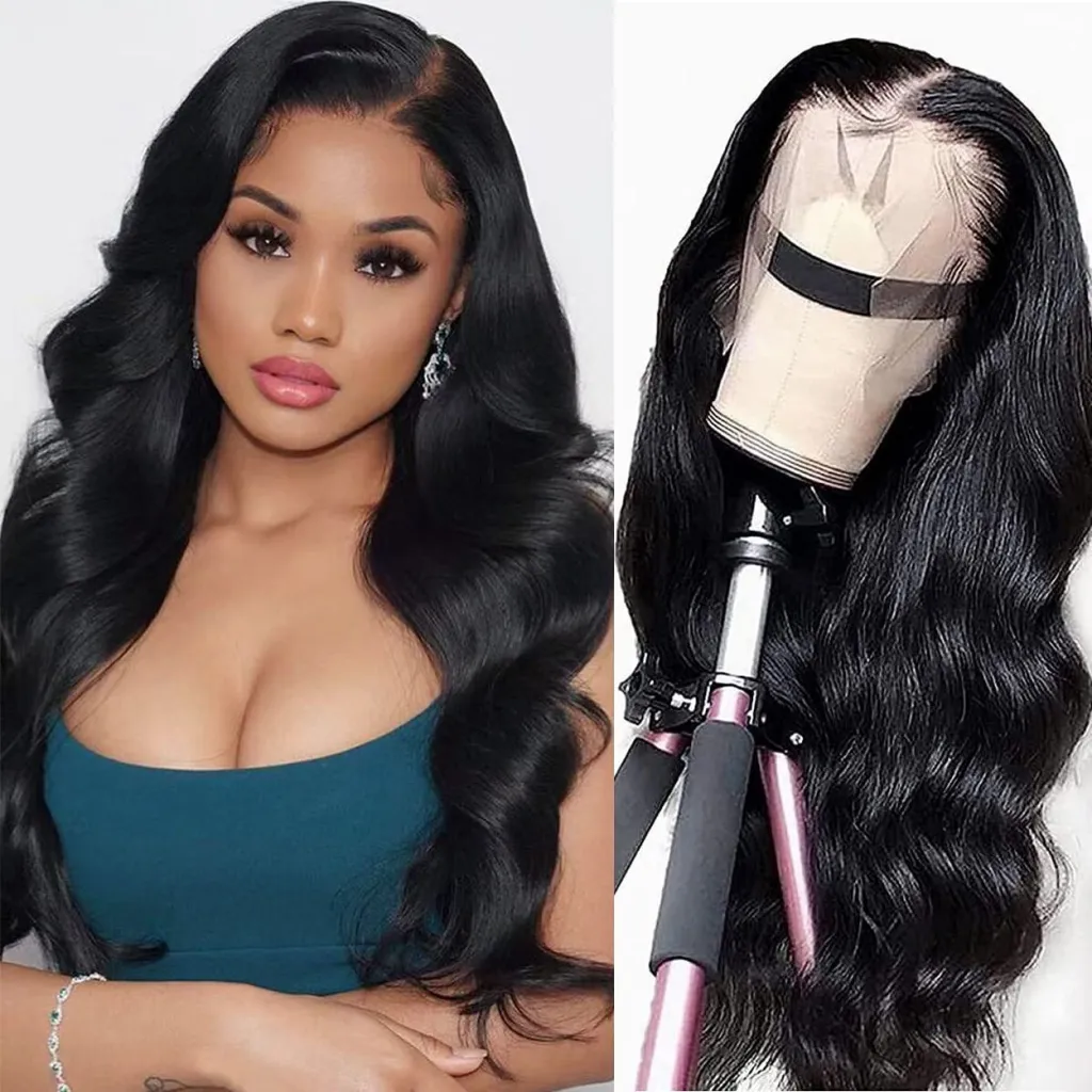 Women's Long Curly Hair Mid-length Large Wave Front Lace Synthetic Wigs - Black