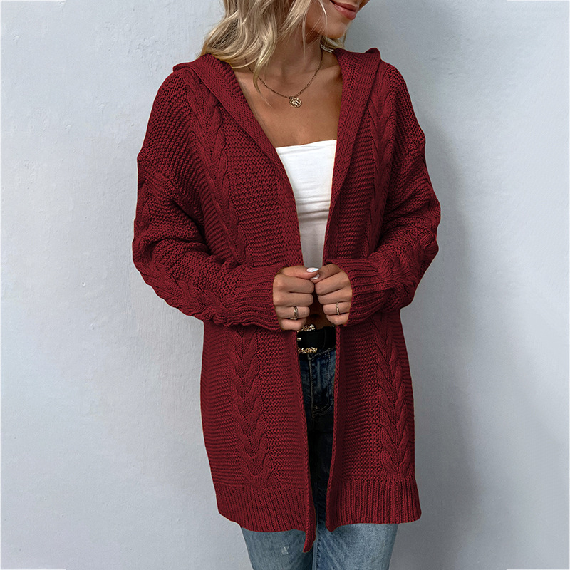 Women's Solid Color Hooded Coat Cardigan Sweater Wine - Shop at LoveMi