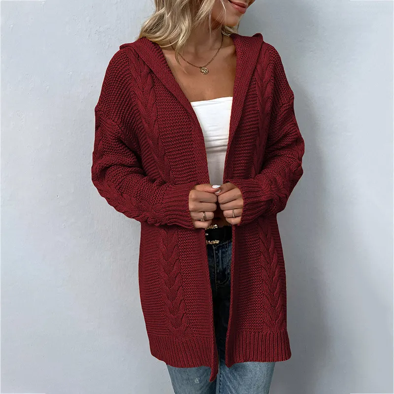 Women's Solid Color Hooded Coat Cardigan Sweater - Wine