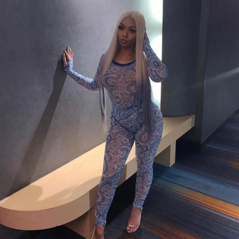 Title 4, Sexy mesh perspective printed jumpsuit suit