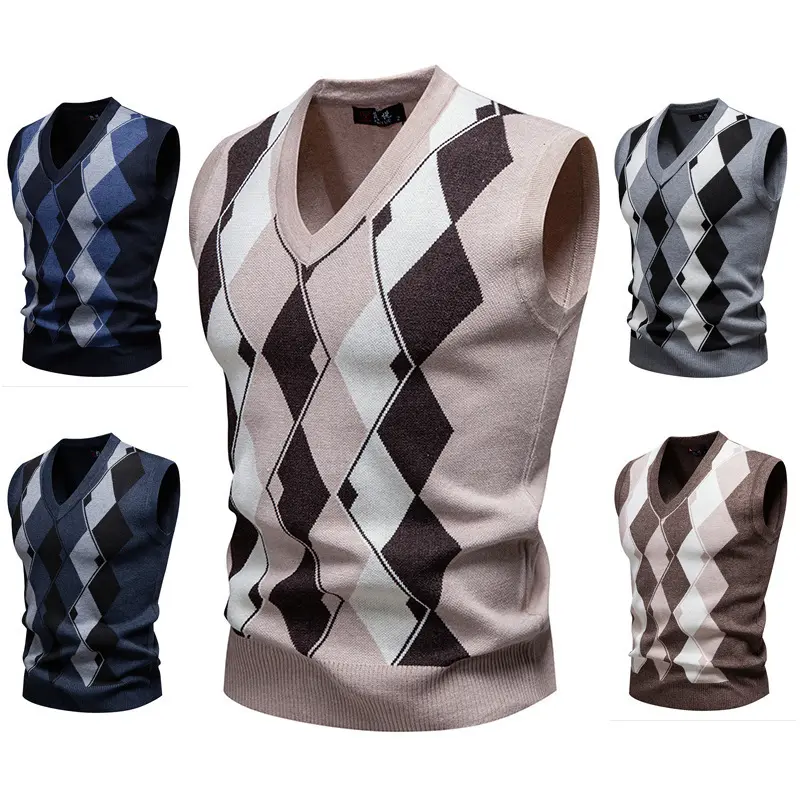 Mens Fashion Jacquard Knitted Sweater V-Neck Pullover