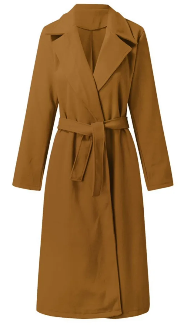 Woolen Coat Simple Fashion V neck Lace Up Long Coat For Women Brown - Shop at LoveMi