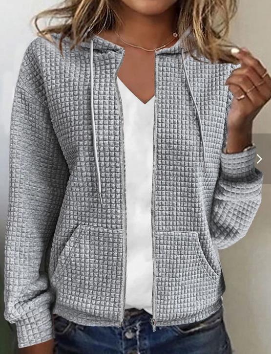 Womens Solid Color Hooded Zip Up Loose Long Sleeve Jacquard Sweatshirt