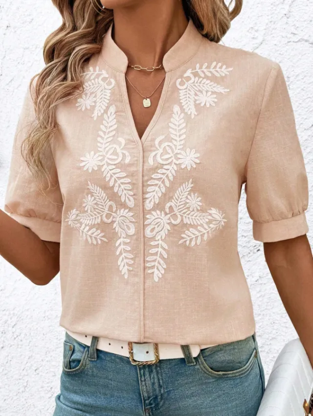 V neck Fashion Pure Cotton Embroidery Short sleeved Casual Shirt For Women Apricot - Shop at LoveMi