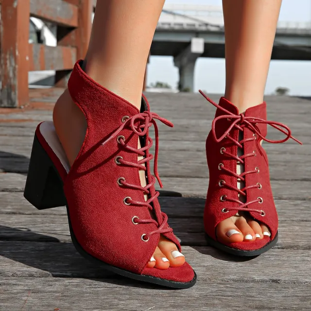 Lace up Chunky Heel Sandals Summer Fashion Peep Toe Shoes For Women Red - Shop at LoveMi