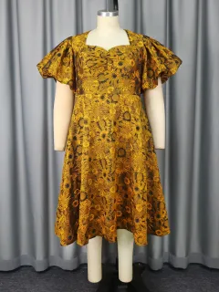 Puff Sleeve Jacquard Square Collar A Swing Long Cocktail Party Dress - Yellow - View 1