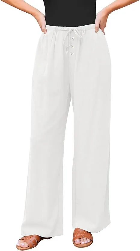 High Waist Button Drawstring Loose Casual Summer Wide leg Pants With Pockets White - Shop at LoveMi