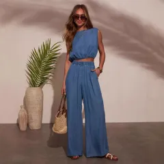 Women's Casual Personality Denim Tube Top Braided Rope Wide Leg Pants Set - Blue - View 1