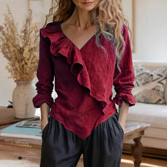 Womens Solid Color V Neck Casual Top With Ruffle Long Sleeves Red - Shop at LoveMi