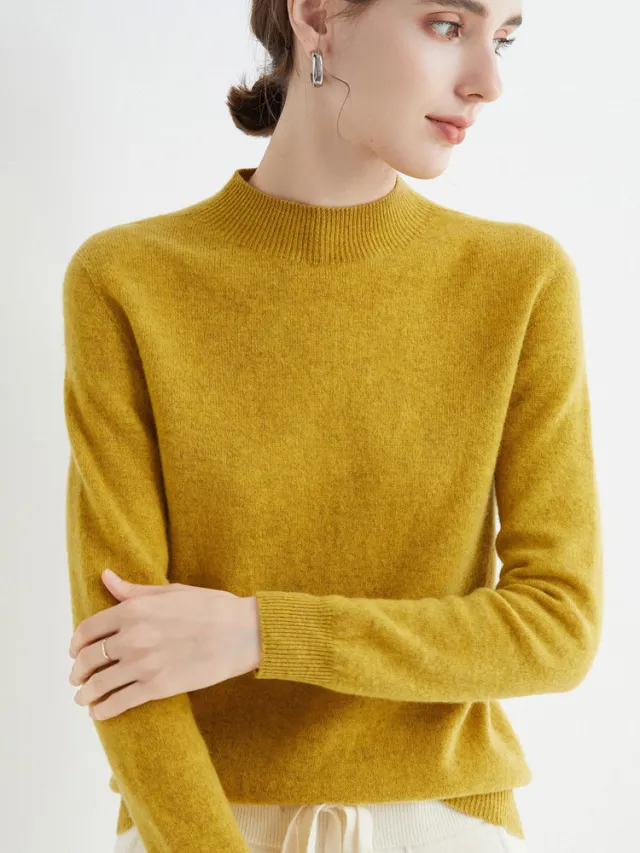 Half High Collar Pure Wool Women's Long Sleeved Knitted Base Sweater Yellow - Shop at LoveMi