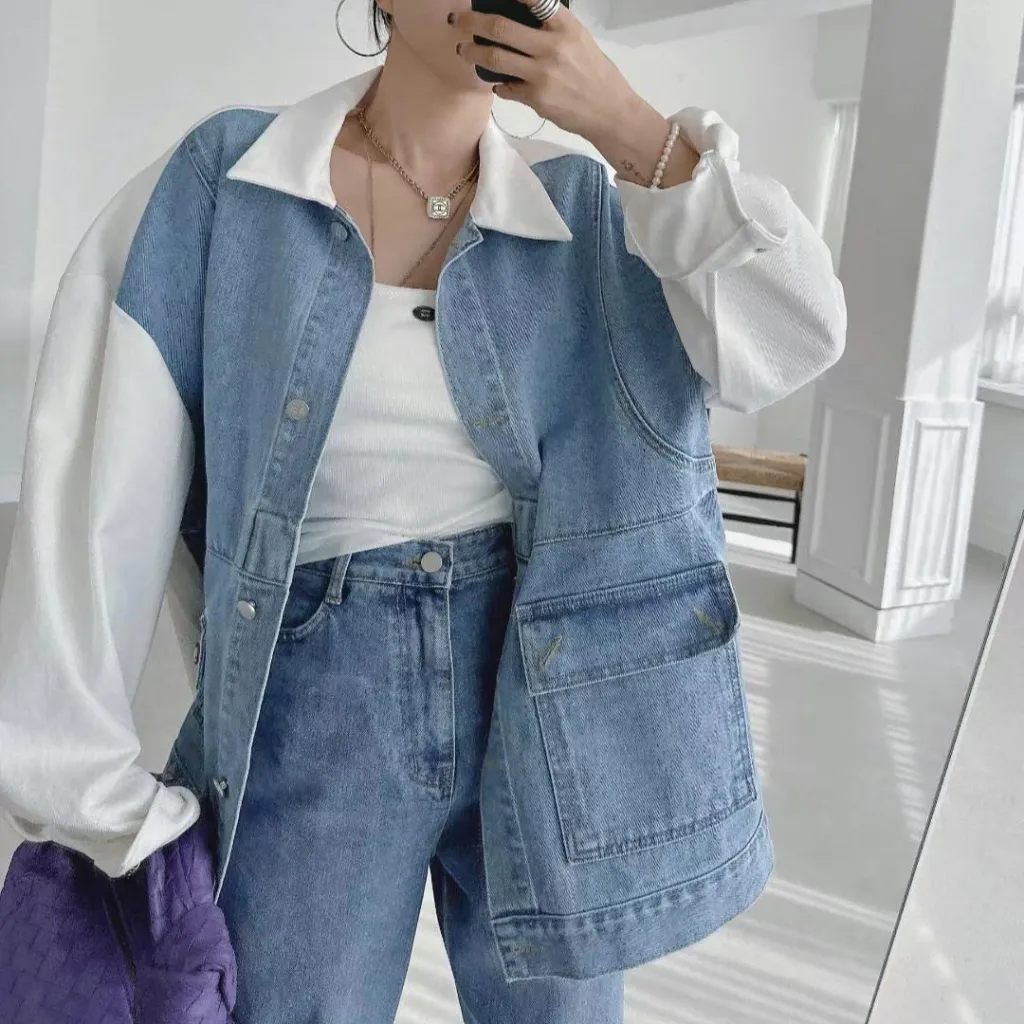 All-matching Fashion Colour Contrast Stitching Denim Baggy Coat Women - White
