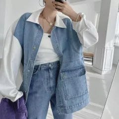All-matching Fashion Colour Contrast Stitching Denim Baggy Coat Women - White - View 1