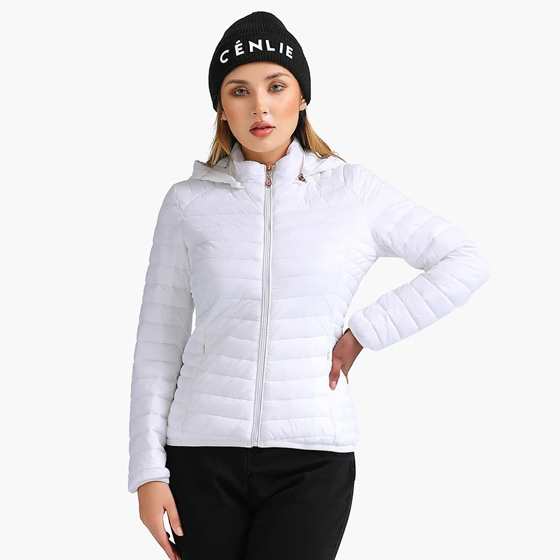 Autumn And Winter Zipper Short Hooded Detachable Solid Color Stand Collar Lightweight Cotton padded Jacket White - Shop at LoveMi