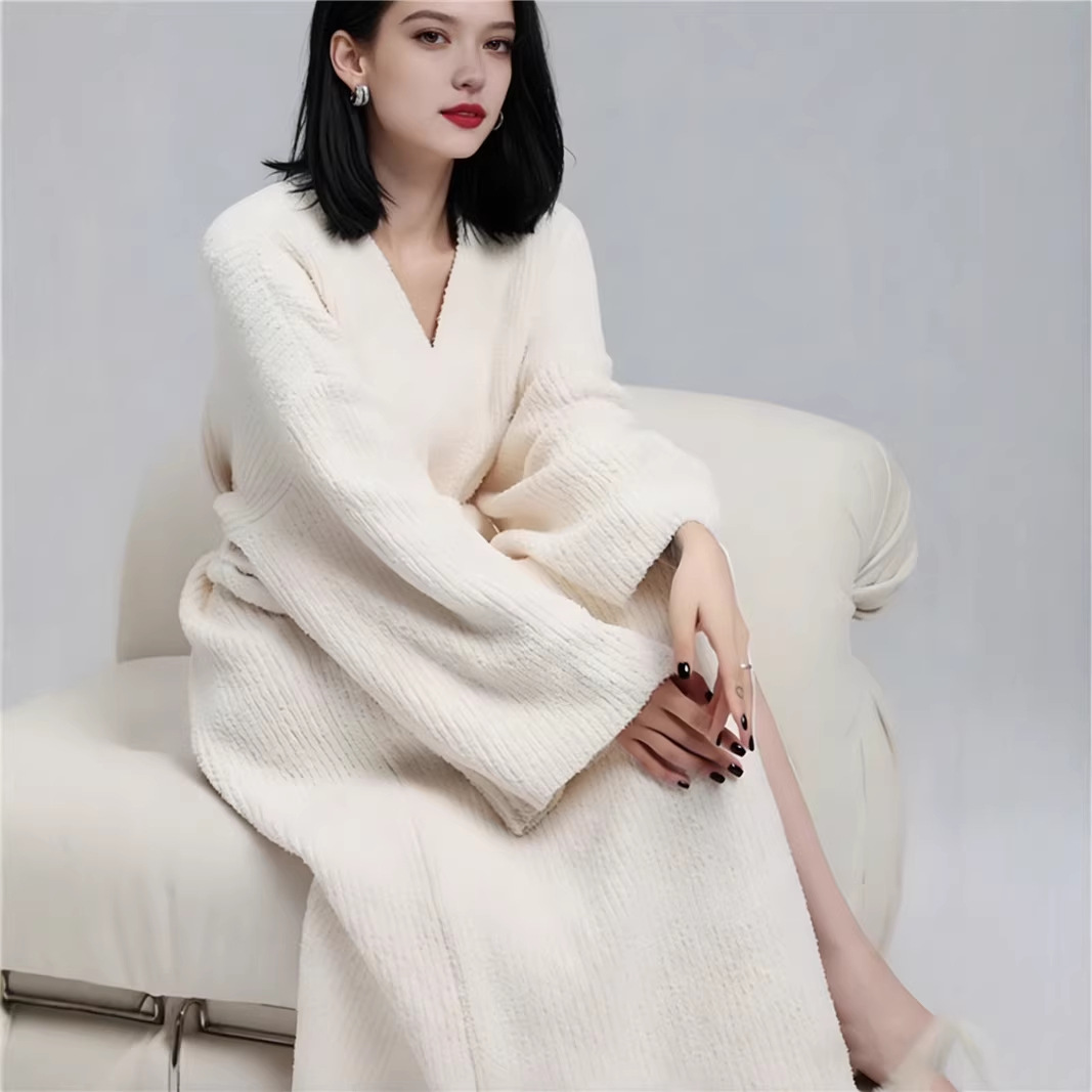 Solid-color Cardigan-style Nightgownbathrobesoft And Cozy