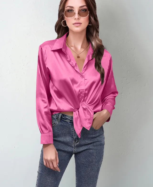 Women's Silk like Long sleeved Shirt Top Pink - Shop at LoveMi