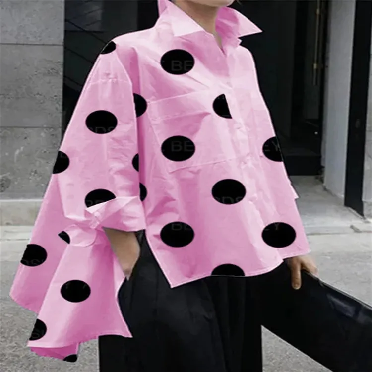 Long Sleeve Polka Dot Chiffon Temperament Commute White Lapel Shirt - Pink