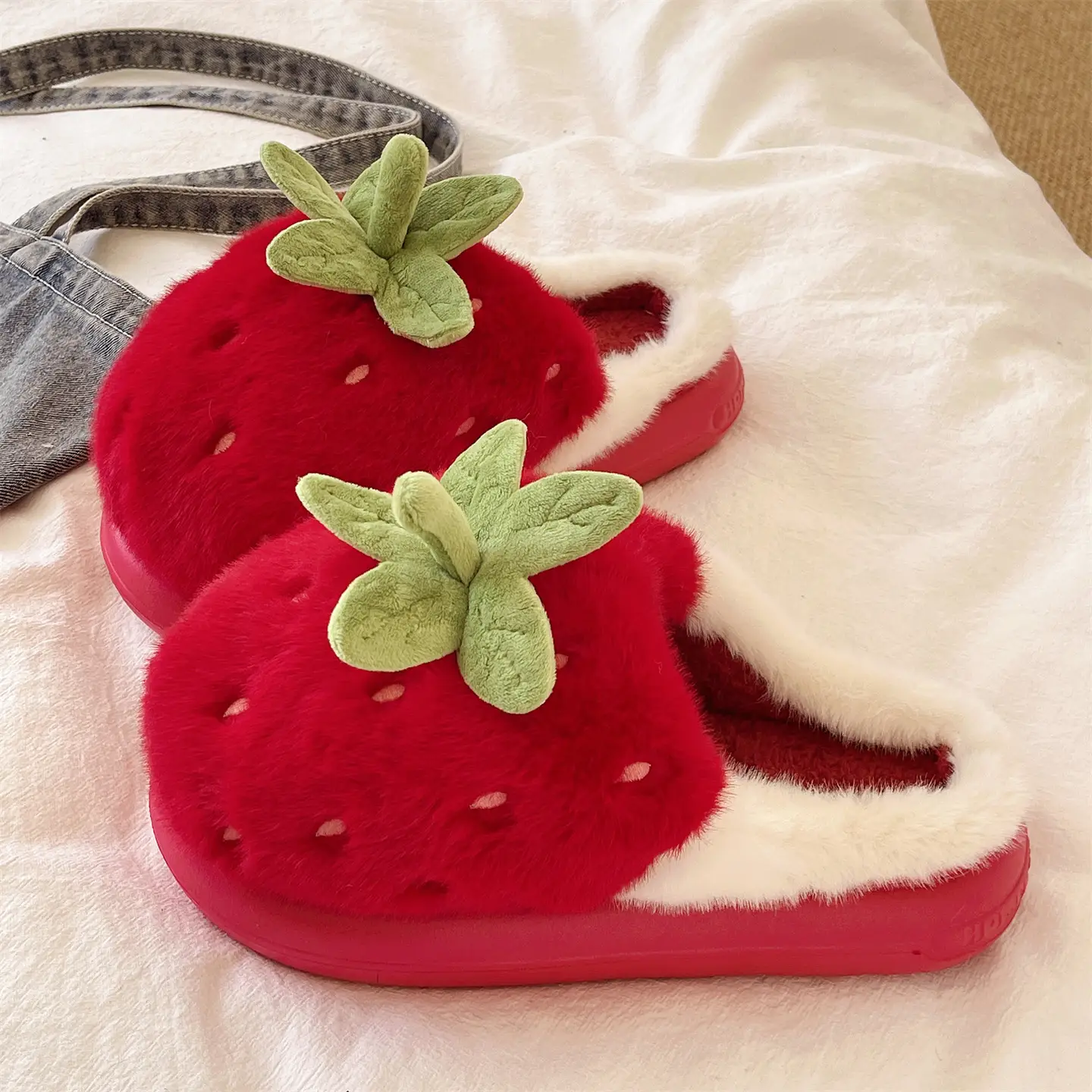 Cute Strawberry Cotton Slippers Female Winter Interior Home