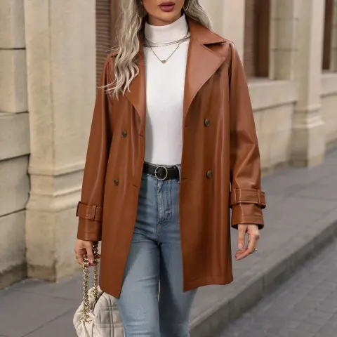 Retro-modern Lapel Double-breasted PU Leather Jacket