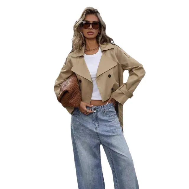 European And American Fallwinter Jacket Jacket Casual Temperament Double Breasted Top Khaki - Shop at LoveMi