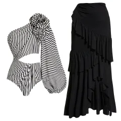 Ruffled Striped One-piece Swimsuit Dress - Striped Suit-L - View 1