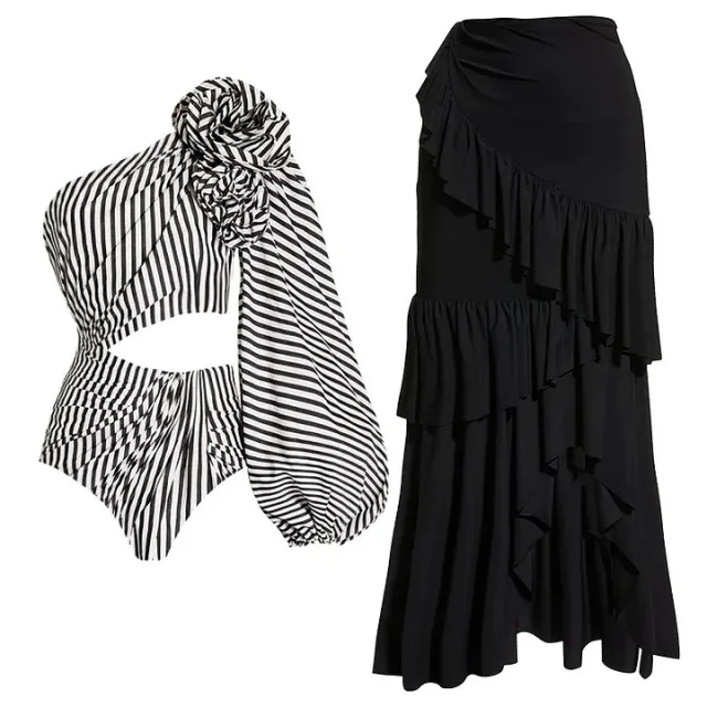 Ruffled Striped One piece Swimsuit Dress Striped Suit L - Shop at LoveMi